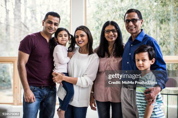portrait of multi-generational family at home - indian family portrait stockfoto's en -beelden