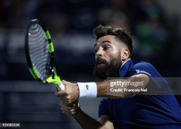 Benoit Paire of France in action against Yoshihito Nishioka of Japan during day one of the ATP Dubai Duty Free Tennis Championships at the Dubai Duty...