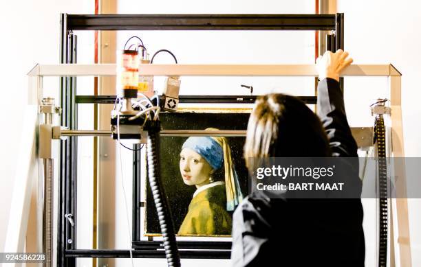 This picture taken on February 26 shows Johannes Vermeer's Girl with a Pearl Earring painting inside a XRF macro-scanner during a research at Het...