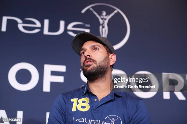 Yuvraj Singh speaks during the Laureus Power Of Sport Digital Night at Meridien Beach Plazza on February 26, 2018 in Monaco, Monaco.