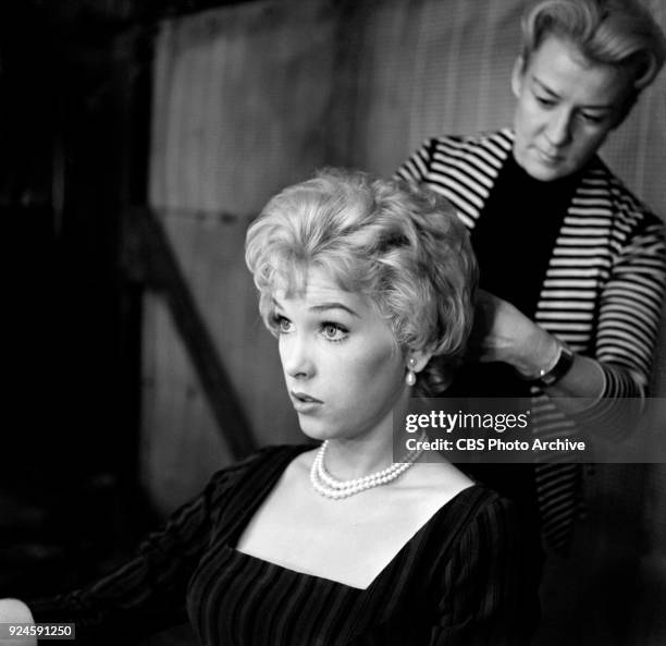 Television program, Alfred Hitchcock Presents. Episode: Craig's Will. Pictured left to right is actress Stella Stevens with assistant hair dresser at...