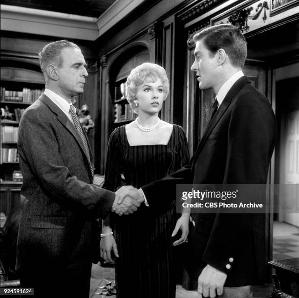 Television program, Alfred Hitchcock Presents. Episode: Craig's Will. Left to right, Paul Stewart ; Stella Stevens and Dick Van Dyke . Originally...