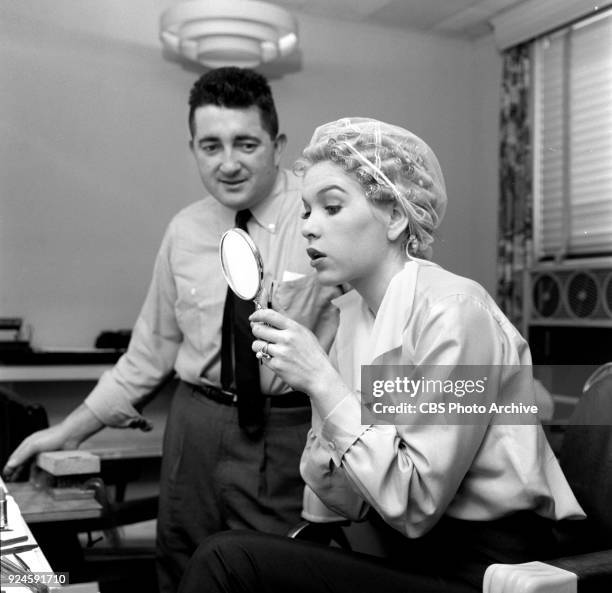 Television program, Alfred Hitchcock Presents. Episode: Craig's Will. Pictured is Jack Barron, make-up artist with actress Stella Stevens. Originally...