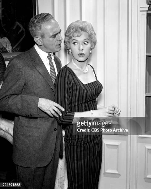 Television program, Alfred Hitchcock Presents. Episode: Craig's Will. Left to right, Paul Stewart ; plots with Judy . Originally broadcast March 6,...