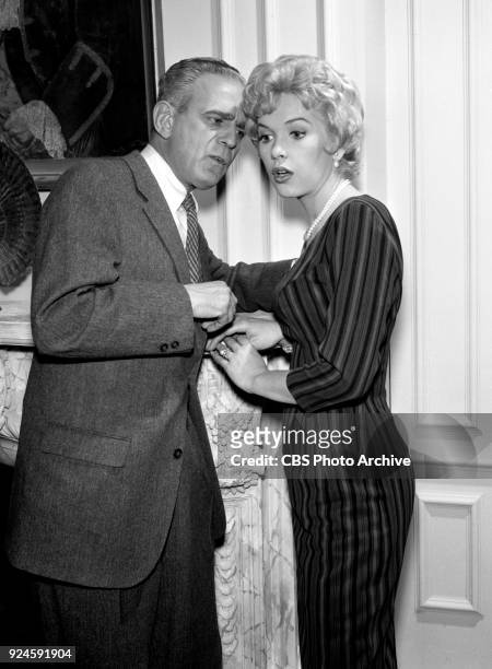 Television program, Alfred Hitchcock Presents. Episode: Craig's Will. Left to right, Paul Stewart ; plots with Judy . Originally broadcast March 6,...