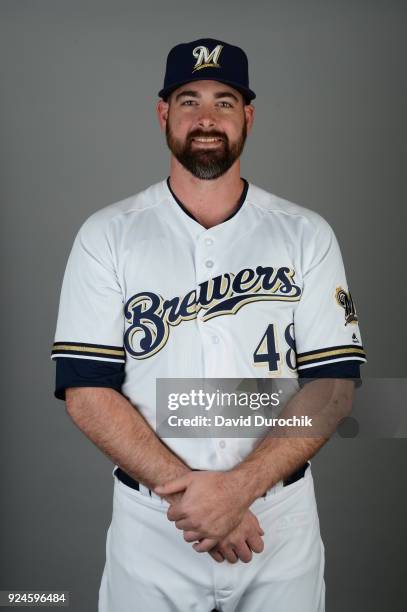 Boone Logan of the Milwaukee Brewers poses during Photo Day on Thursday, February 22, 2018 at Maryvale Baseball Park in Phoenix, Arizona.