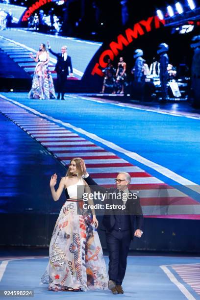 Fashion designer Tommy Hilfiger and Gigi Hadid at the Tommy Hilfiger show during Milan Fashion Week Fall/Winter 2018/19 on February 25, 2018 in...