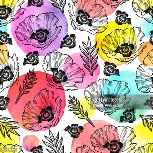 poppy seamless vector pattern - ink drawing with watercolor texture - remembrance day canada stock illustrations