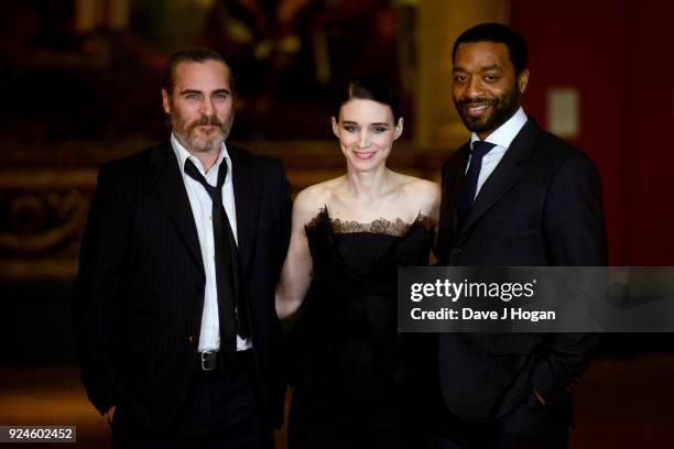 Joaquin Phoenix, Rooney Mara and Chiwetel Ejiofor attend the 'Mary Magdalene' special screening held at The National Gallery on February 26, 2018 in...