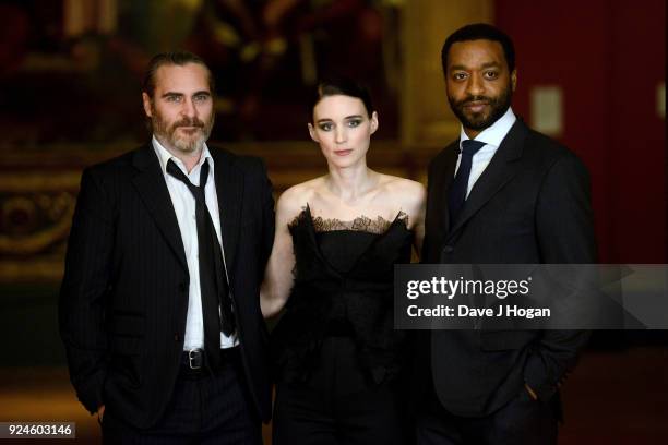 Joaquin Phoenix, Rooney Mara and Chiwetel Ejiofor attend the 'Mary Magdalene' special screening held at The National Gallery on February 26, 2018 in...