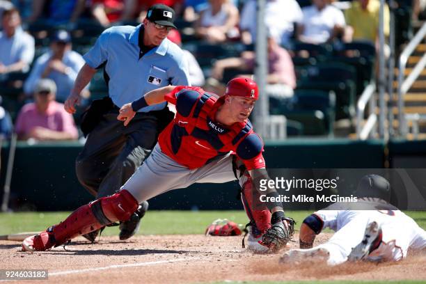 Carson Kelly of the St. Louis Cardinals tags out Brian Dozier of the Minnesota Twins during the third inning of the Spring Training game against the...