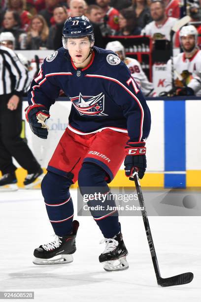 Josh Anderson of the Columbus Blue Jackets skates against the Chicago Blackhawks on February 24, 2018 at Nationwide Arena in Columbus, Ohio.