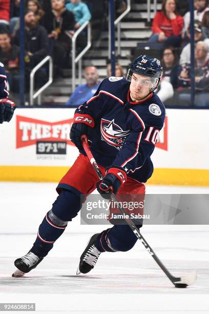 Alexander Wennberg of the Columbus Blue Jackets skates against the Chicago Blackhawks on February 24, 2018 at Nationwide Arena in Columbus, Ohio.