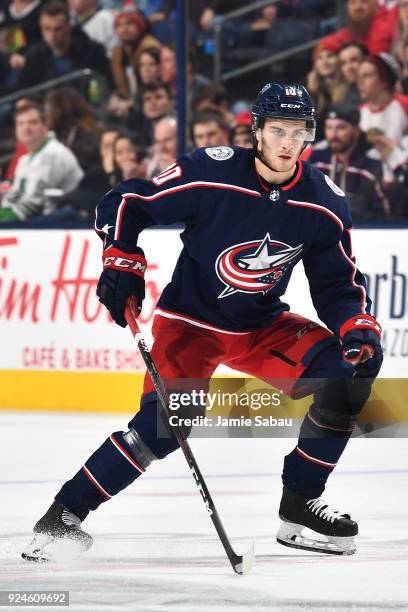 Alexander Wennberg of the Columbus Blue Jackets skates against the Chicago Blackhawks on February 24, 2018 at Nationwide Arena in Columbus, Ohio.