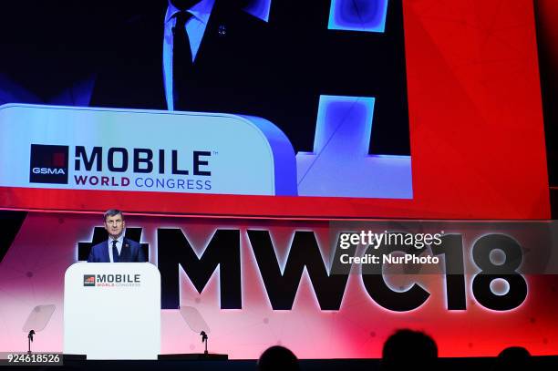 Andrus Ansip, Vice-President of the European Commission, speaking during The future of the Industry conference, at the Mobile World Congress on...