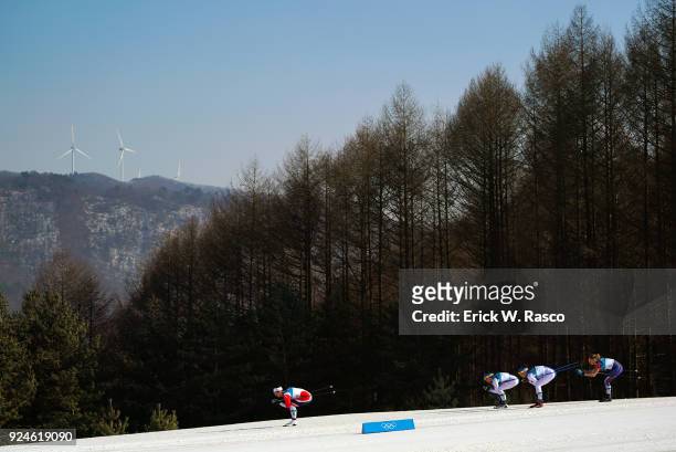 Winter Olympics: Norway Marit Bjoergen , Finland Krista Parmakoski , Finland Kerttu Niskanen and Jessica Diggins in action during Women's 30km Mass...