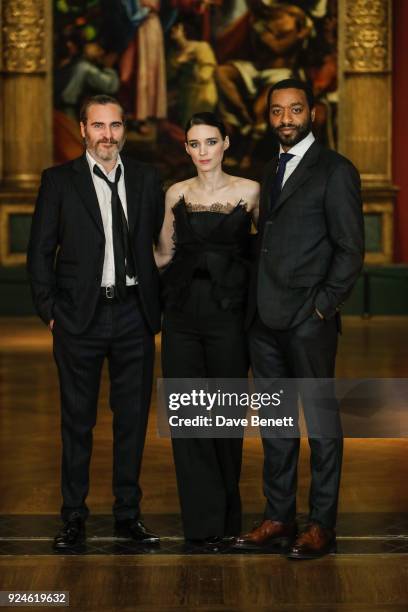 Joaquin Phoenix, Rooney Mara and Chiwetel Ejiofor attend a special screening of "Mary Magdalene" at The National Gallery on February 26, 2018 in...