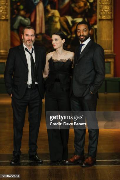Joaquin Phoenix, Rooney Mara and Chiwetel Ejiofor attend a special screening of "Mary Magdalene" at The National Gallery on February 26, 2018 in...