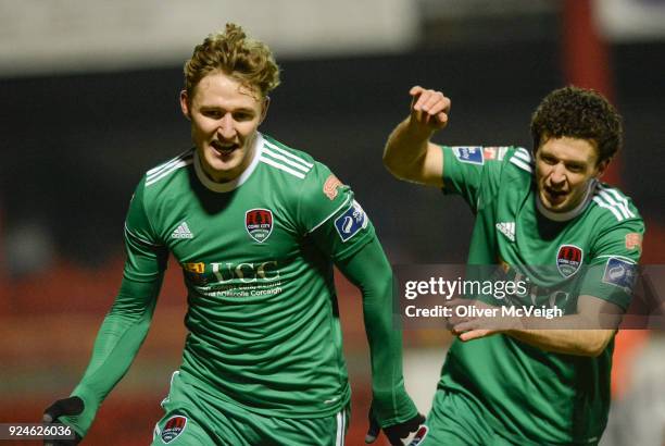 Sligo , Ireland - 26 February 2018; Kieran Sadlier, left, of Cork City celebrates with team-mare Harry McNamee after scoring his side's second goal...