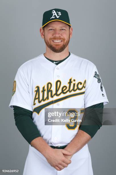 Brandon Moss of the Oakland Athletics poses during Photo Day on Thursday, February 22, 2018 at Hohokam Stadium in Phoenix, Arizona.