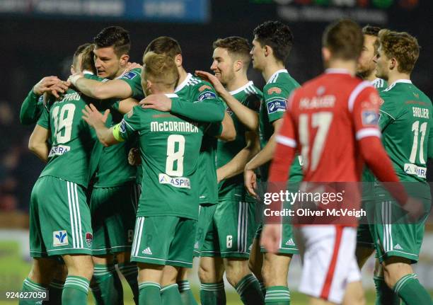 Sligo , Ireland - 26 February 2018; Graham Cummins, left, of Cork City celebrates wiith team-mates after scoring his side's first goal during the SSE...