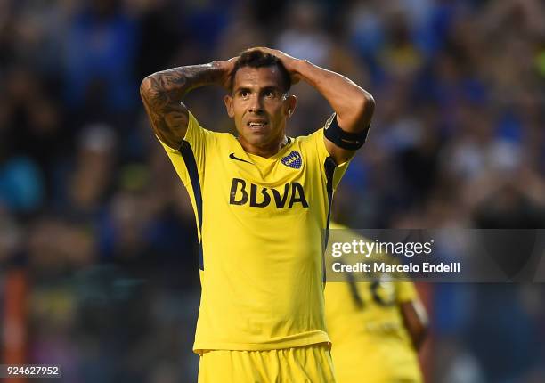 Carlos Tevez of Boca Juniors reacts during a match between Boca Juniors and San Martin de San Juan as part of the Superliga 2017/18 at Alberto J....