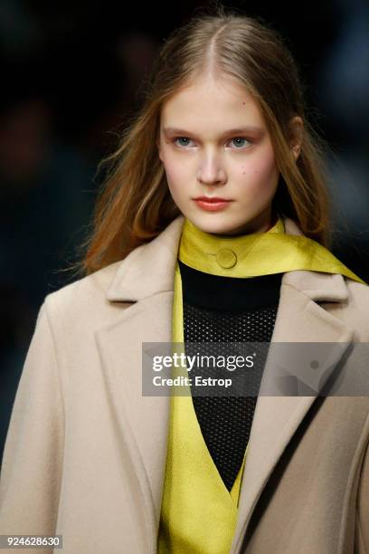 Headshot detail at the Trussardi show during Milan Fashion Week Fall/Winter 2018/19 on February 25, 2018 in Milan, Italy.