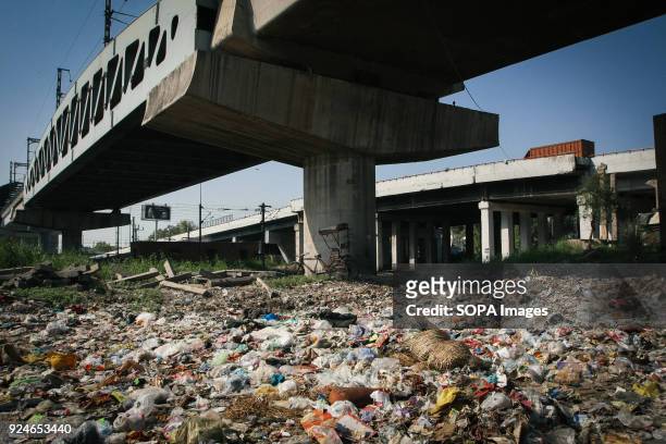 Large amount of rubbish seen under a railway bridge next to a slum. Over 25 million people live in Delhi, India. What is particularly problematic in...