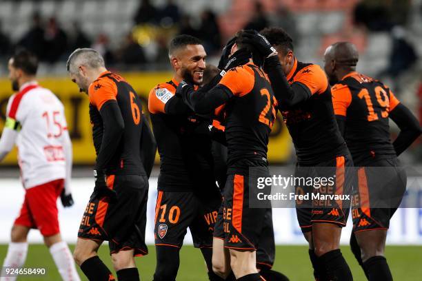 Sylvain Marveaux of Lorient and Vincent Le Goff of Lorient celebrates scoring his goal during the Ligue 2 match between As Nancy Lorraine and Fc...