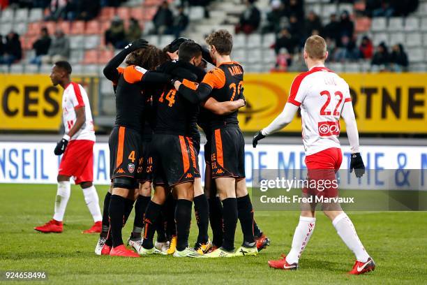 Vincent Le Goff of Lorient celebrates scoring his goal during the Ligue 2 match between As Nancy Lorraine and Fc Lorient at Stade Marcel Picot on...