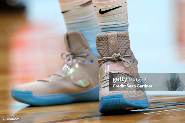 Dwyane Wade of the Miami Heat wears a pair of Nike shoes during a NBA game against the New Orleans Pelicans at the Smoothie King Center on February...