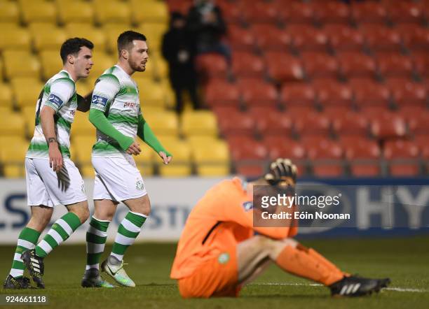 Dublin , Ireland - 26 February 2018; Brandon Miele of Shamrock Rovers celebrates with Justin Coustrain after scoring his side's fifth goal during the...