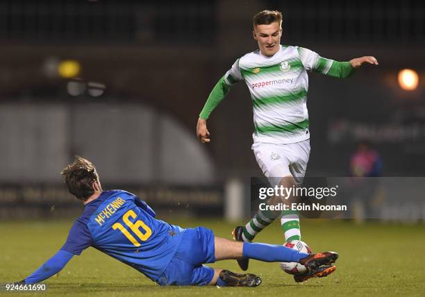 Dublin , Ireland - 26 February 2018; Sean Boyd of Shamrock Rovers is tackled by Daniel McKenna of Bray Wanderers during the SSE Airtricity League...