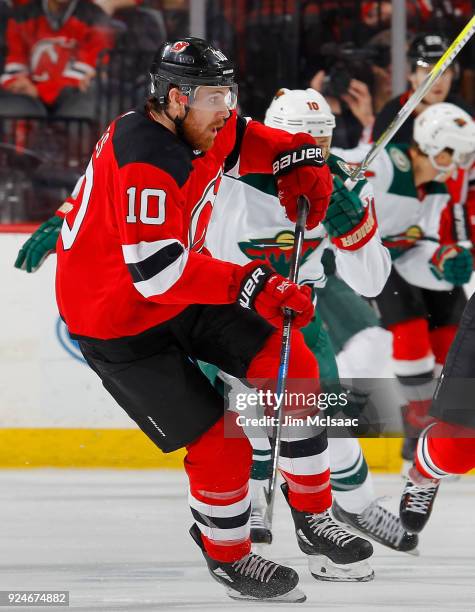 Jimmy Hayes of the New Jersey Devils in action against the Minnesota Wild on February 22, 2018 at Prudential Center in Newark, New Jersey.