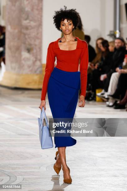 Model walks the runway during the Jacquemus show at Petit Palais as part of the Paris Fashion Week Womenswear Fall/Winter 2018/2019 on February 26,...