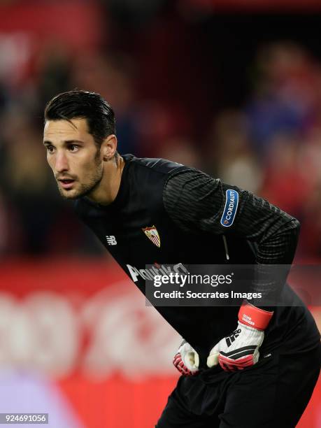 Sergio Rico of Sevilla FC during the La Liga Santander match between Sevilla v Atletico Madrid at the Estadio Ramon Sanchez Pizjuan on February 25,...