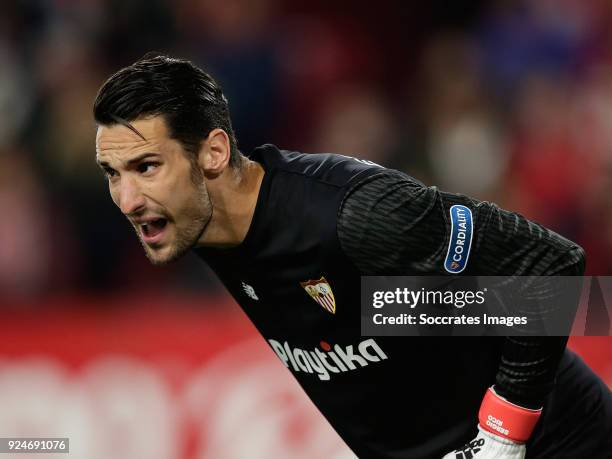 Sergio Rico of Sevilla FC during the La Liga Santander match between Sevilla v Atletico Madrid at the Estadio Ramon Sanchez Pizjuan on February 25,...