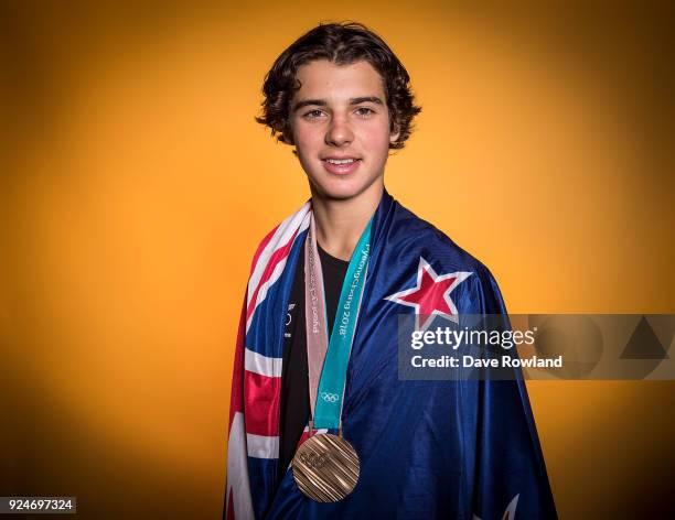 New Zealand Winter Olympic Games bronze medal winner Nico Porteous at a portrait session after being welcomed home at Auckland International Airport...