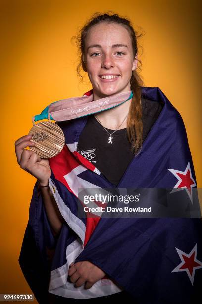 New Zealand Winter Olympic Games bronze medal winner Zoi Sadowski-Synnott at a portrait session after being welcomed home at Auckland International...