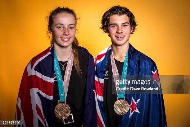 New Zealand Winter Olympic Games bronze medal winner Zoi Sadowski-Synnott and Nico Porteous at a portrait session after being welcomed home at...