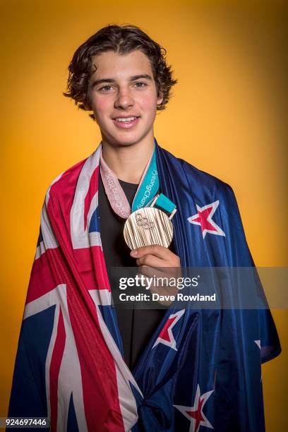 New Zealand Winter Olympic Games bronze medal winner Nico Porteous at a portrait session after being welcomed home at Auckland International Airport...