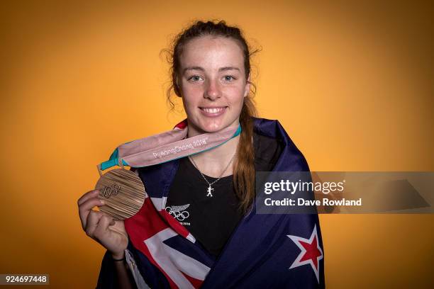 New Zealand Winter Olympic Games bronze medal winner Zoi Sadowski-Synnott at a portrait session after being welcomed home at Auckland International...