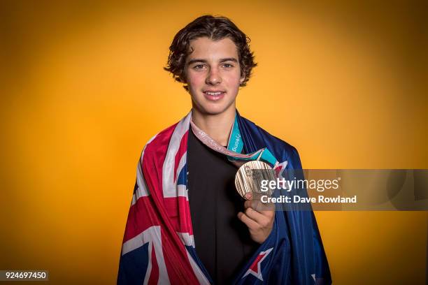 New Zealand Winter Olympic Games bronze medal winner Nico Porteous at a portrait session after being welcomed home at Auckland International Airport...