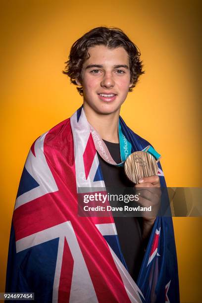 New Zealand Winter Olympic Games bronze medal winner Nico Porteous at a portrait session after being welcomed home at Auckland International Airport...