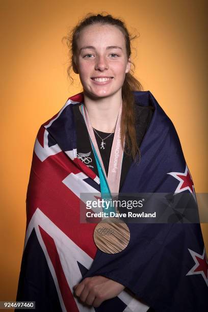 New Zealand Winter Olympic Games bronze medal winner Zoi Sadowski-Synnott at a portrait session after being welcomed home at Auckland International...