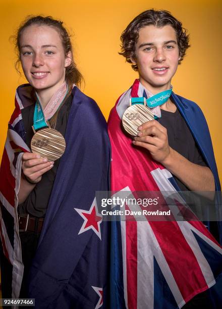 New Zealand Winter Olympic Games bronze medal winner Zoi Sadowski-Synnott and Nico Porteous at a portrait session after being welcomed home at...