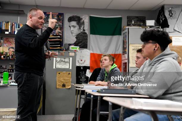 Pomona High School social studies teacher Dale Munholland teaches students in his American history class in which students learned about the freedom...