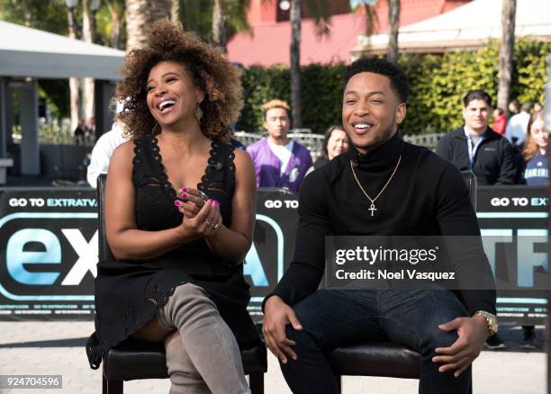 Tanika Ray and Jacob Latimore visit "Extra" at Universal Studios Hollywood on February 26, 2018 in Universal City, California.