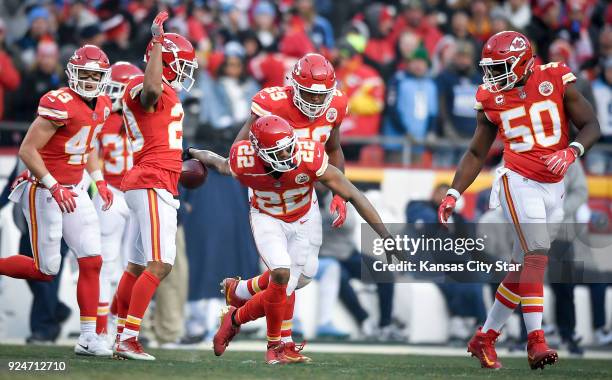 Then Kansas City Chiefs cornerback Marcus Peters appears to be bowling as he celebrates an interception in the second quarter against the Tennessee...
