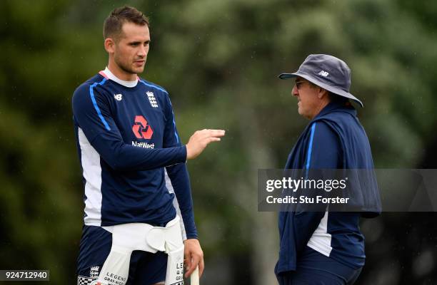 England batsman Alex Hales with coach Trevor Bayliss during nets ahead of the 2nd ODI at the Bay Oval on February 27, 2018 in Tauranga, New Zealand.